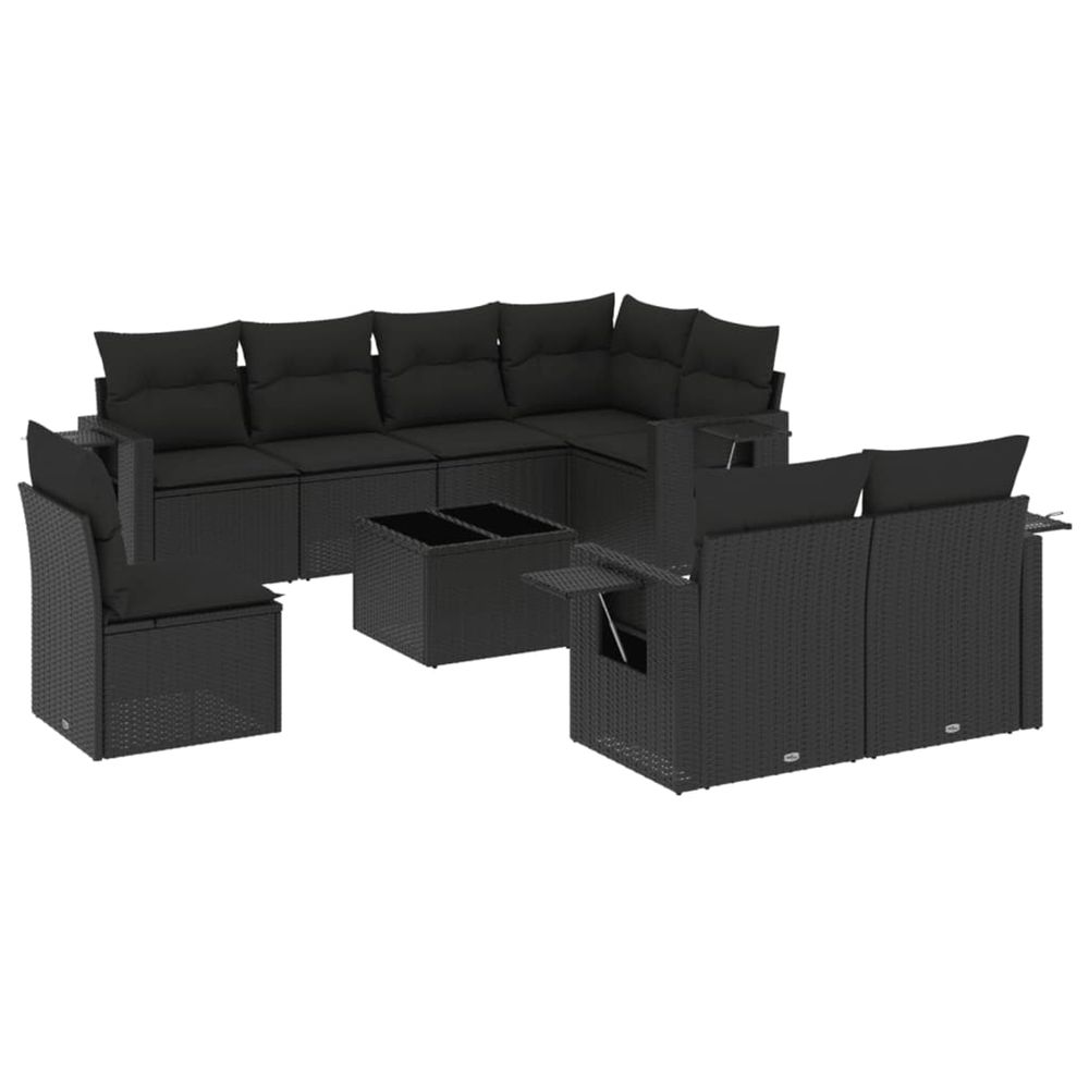 Salon de jardin 9 pcs avec coussins noir résine tressée