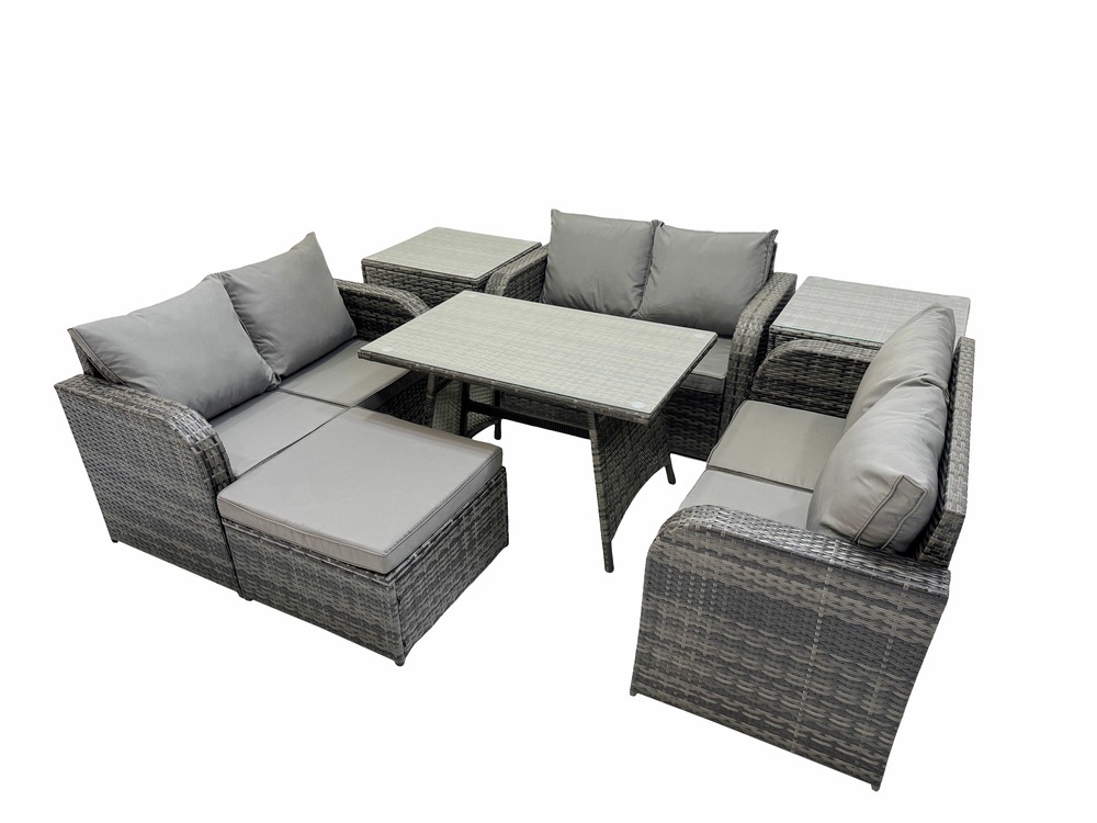 Salon de jardin 7 places avec canapé d'amour table à manger rectangulaire 2 tables d'appoint grand tabouret gris foncé mixte