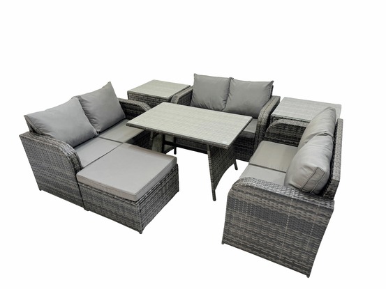 Salon de jardin 7 places avec canapé d'amour table à manger rectangulaire 2 tables d'appoint grand tabouret gris foncé mixte