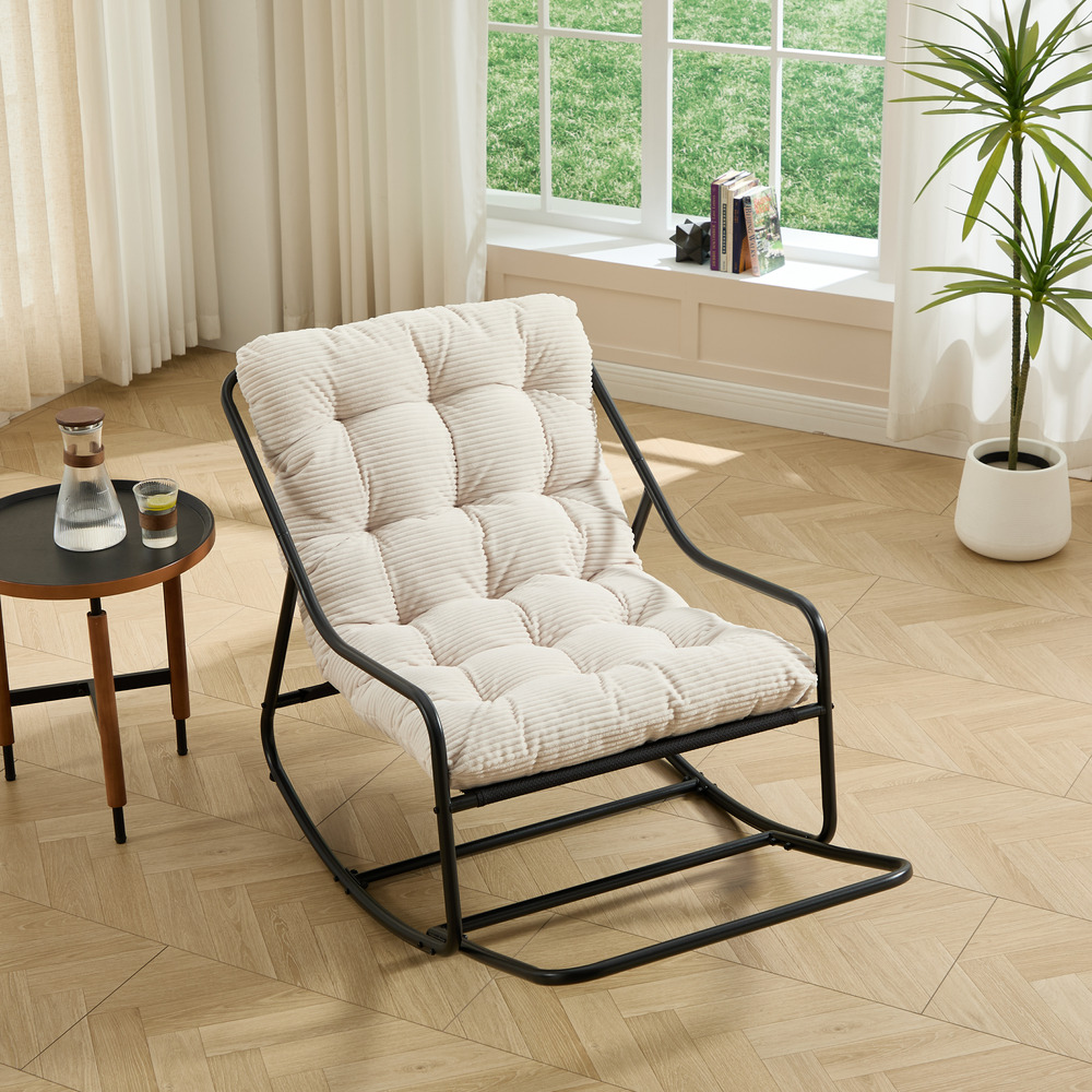 Fauteuil à bascule confortable avec rembourrage épais, pour salon, chambre, jardin et terrasse. Structure noire, coussin gris.