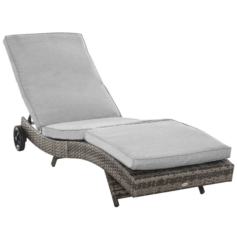 Chaise longue en s rotin poly ajustable 5 niveaux, cadre métallique gris, 207x70x70cm