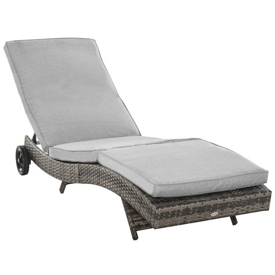 Chaise longue en s rotin poly ajustable 5 niveaux, cadre métallique gris, 207x70x70cm