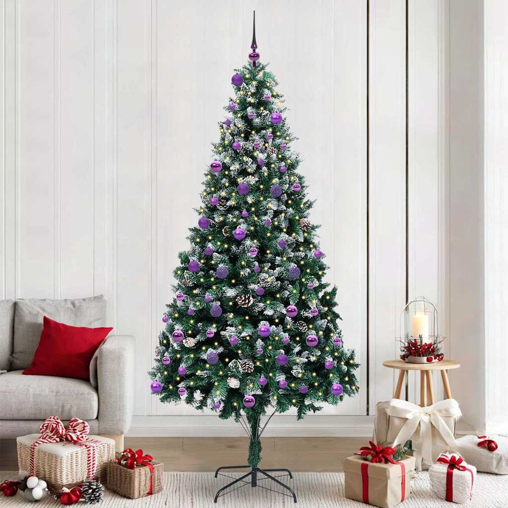 Grand sapin de noël effet neige 2.4m, lumineux et décoré, 2021 branches