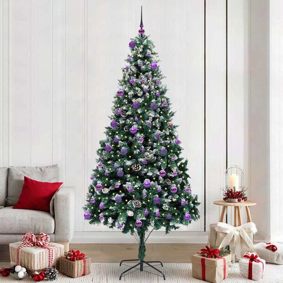 Grand sapin de noël effet neige 2.4m, lumineux et décoré, 2021 branches