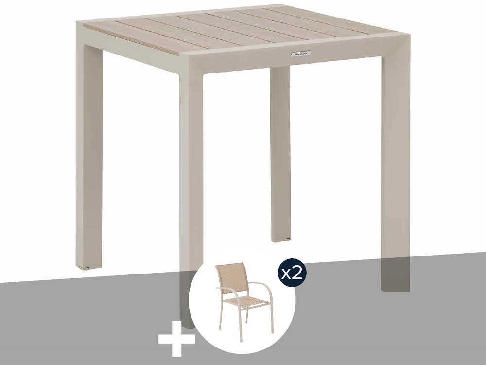 Table de jardin carrée alu evasion 2 places effet bois lin et argile + 2 fauteui