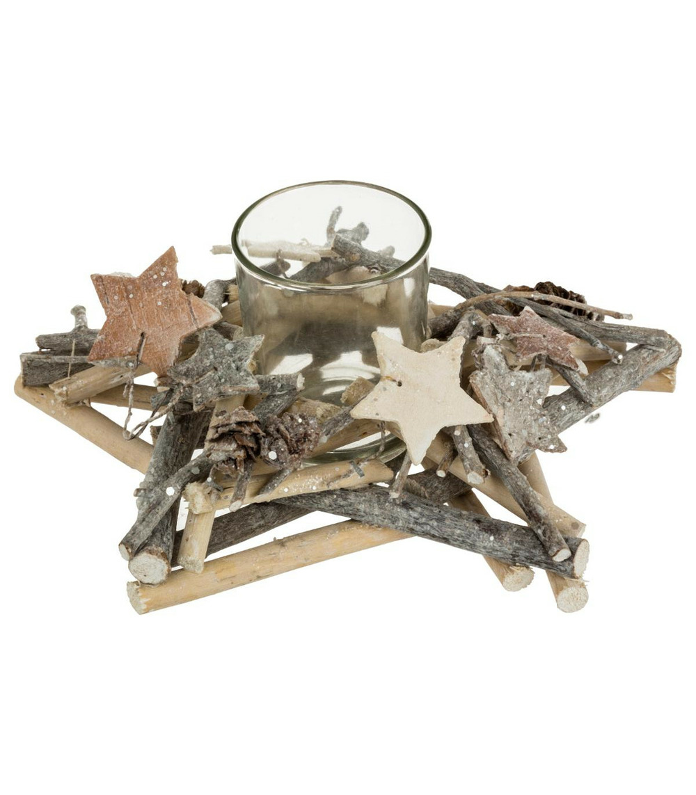 Bougeoir centre de table etoile en bois décoré noël & photophore en verre