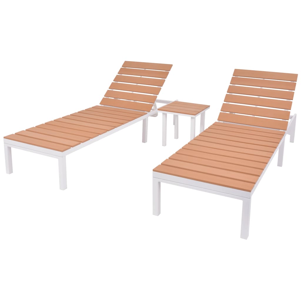 Chaise longue 2 pcs avec table aluminium et wpc blanc et marron