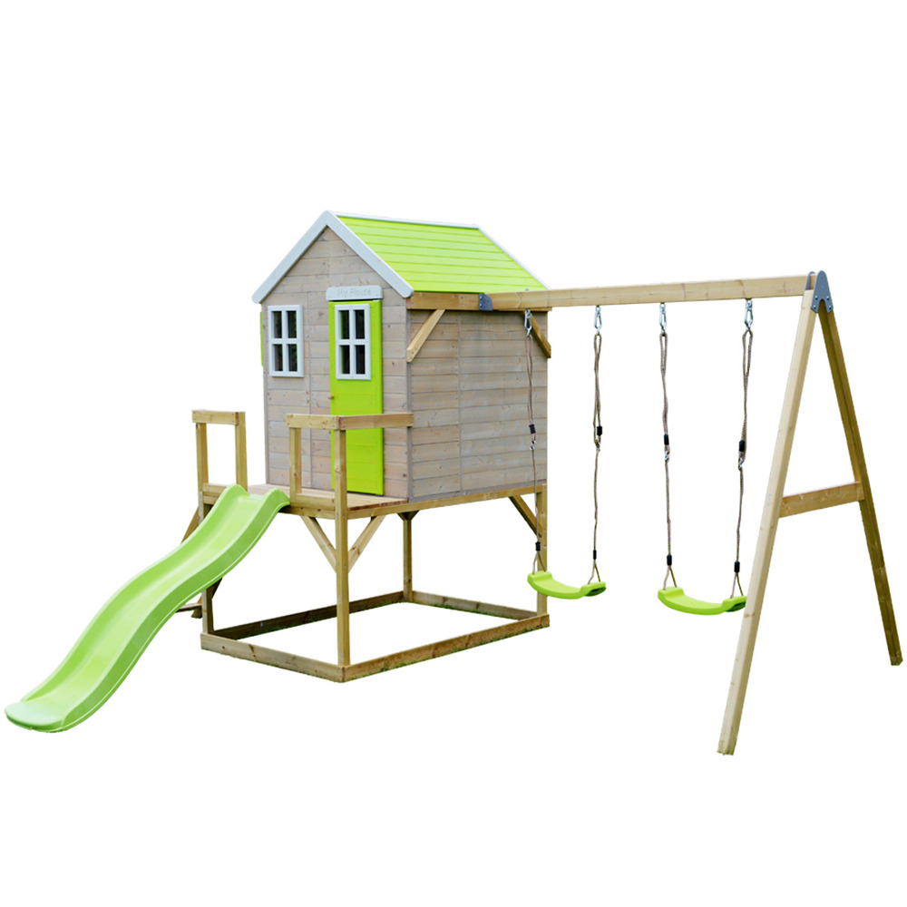 Maisonnette enfant extérieur en bois tinni avec plateforme, toboggan et double b