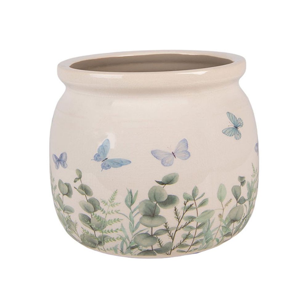 Pot de fleurs rond beige céramique papillons 16x13cm