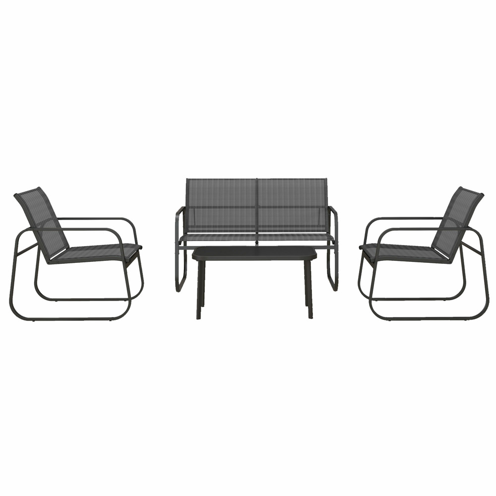 Mobilier de jardin 4 pièces : 2 fauteuils + canapé 2 places + table verre, tissu respirant, cadre métal, noir