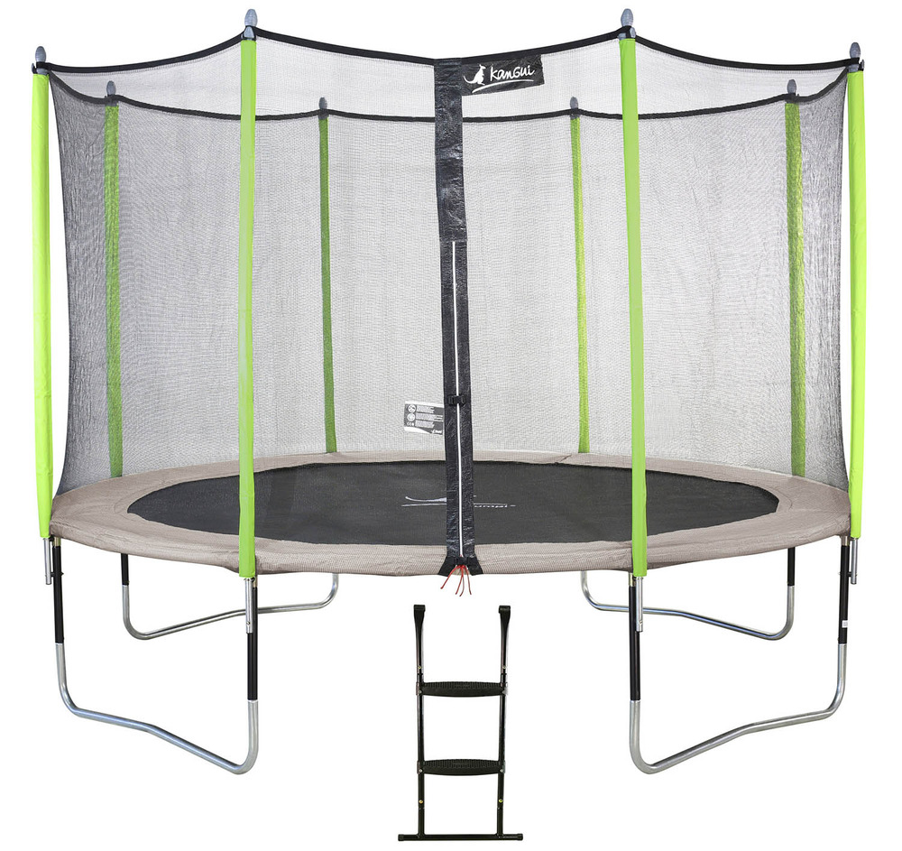 Trampoline de jardin 426 cm + filet de sécurité + échelle jumpi taupe/vert 430