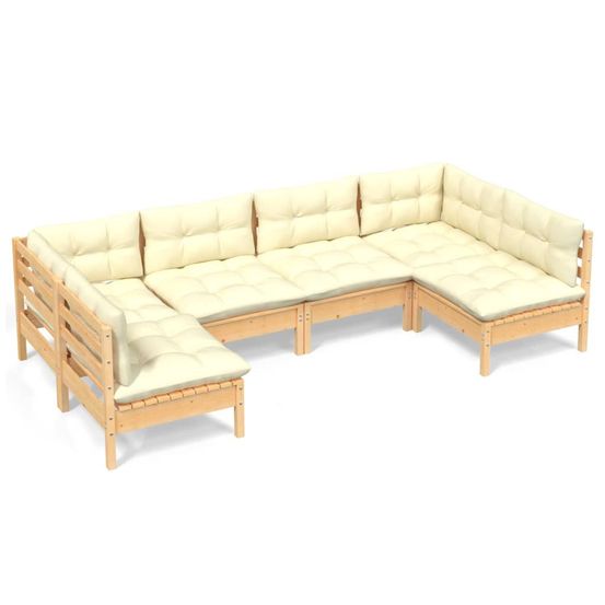 Salon de jardin 6 pcs avec coussins crème bois de pin massif