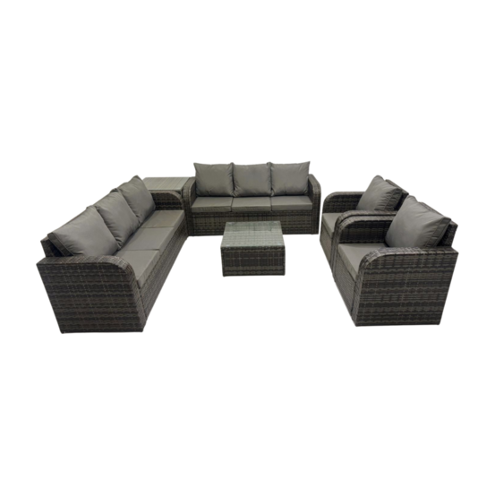 Dossier haut salon de jardin avec table basse carrée table d'appoint ensemble de canapés en rotin gris foncé mixte