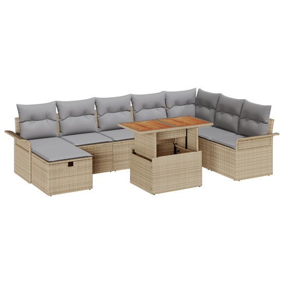 Ensemble de canapés de jardin 9 pièces avec coussins beige en poly rattan