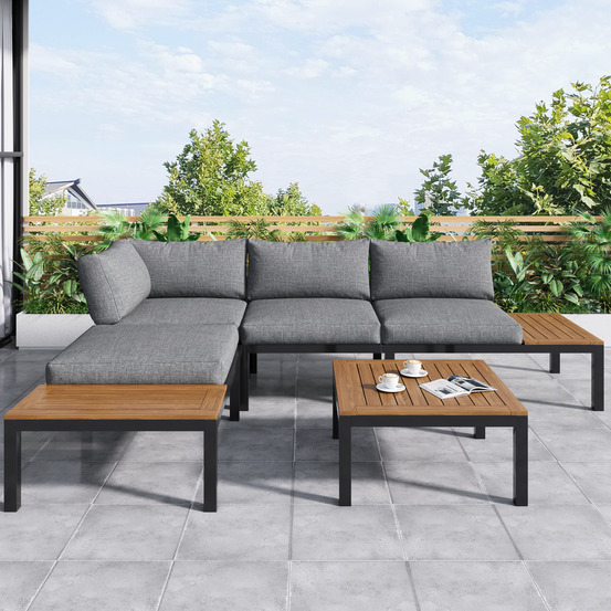 Ensemble de jardin, 2 canapés 2 places, 2 tables d'appoint + 1 table, plateau en bois d'acacia, coussins de dossier en tissu, gris