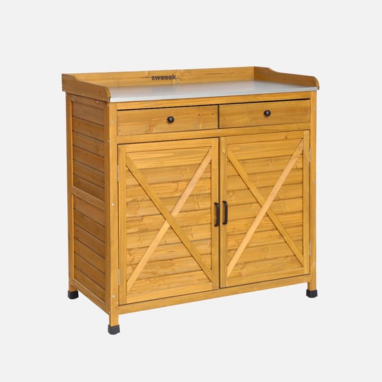 Meuble de rangement, table de rempotage en bois avec 2 portes et 2 tiroirs, l 102 x p 52,5 x h 103,5cm