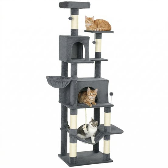 Arbre à chat géant 202 cm pour plusieurs chats avec niches hamacs et griffoirs gris
