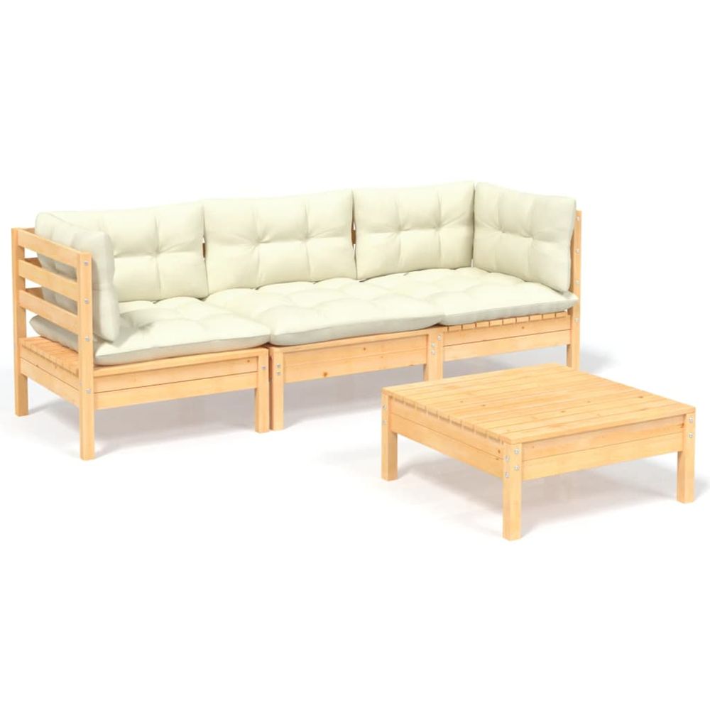 Salon de jardin 4 pcs avec coussins crème bois de pin