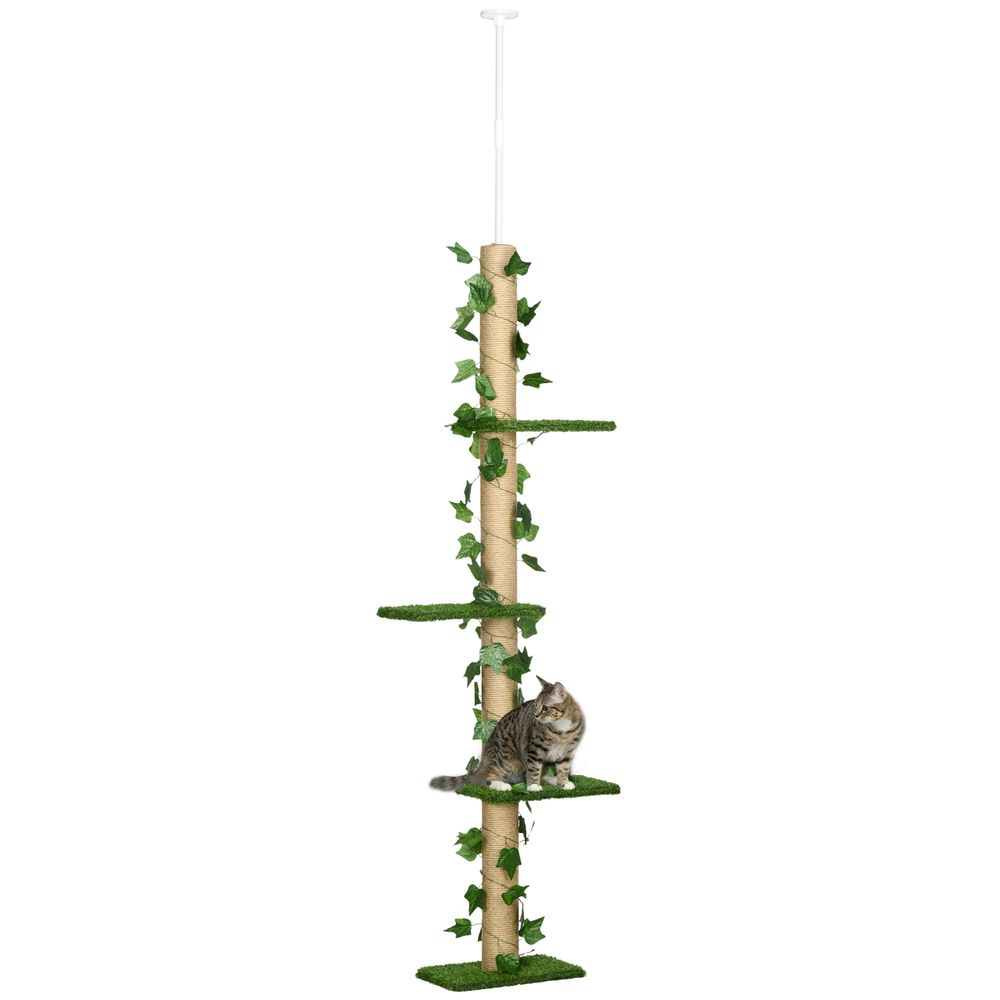 Arbre à chat plafond original hauteur réglable 202-242 cm plateformes gazon artificiel et poteau en jute vert