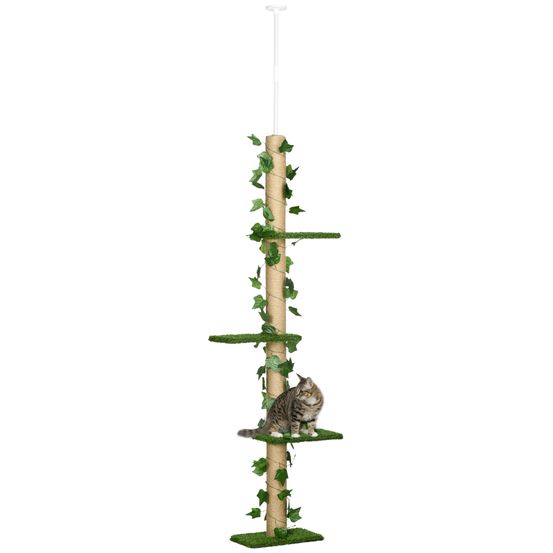 Arbre à chat plafond original hauteur réglable 202-242 cm plateformes gazon artificiel et poteau en jute vert