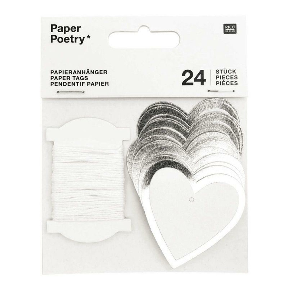 24 étiquettes à suspendre coeurs blancs à contour argenté