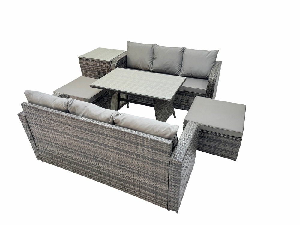 Salon de jardin exterieur 8 places table à manger rectangulaire 2 grand tabourets table d'appoint gris foncé mixte