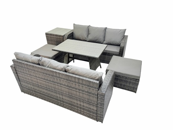 Salon de jardin exterieur 8 places table à manger rectangulaire 2 grand tabourets table d'appoint gris foncé mixte