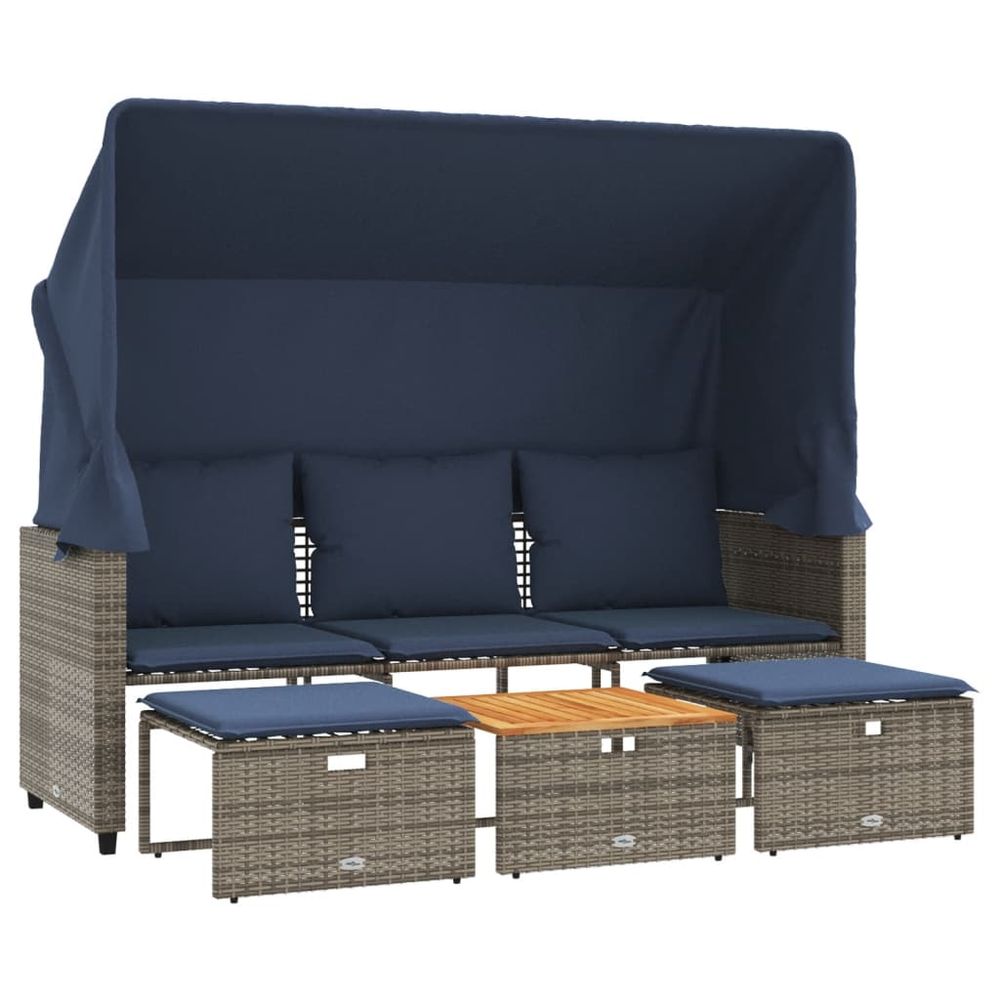 Canapé de jardin 3 places avec auvent et poufs gris résine tressée