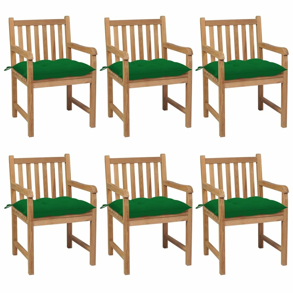 Chaises de jardin 6 pcs avec coussins vert bois de teck solide