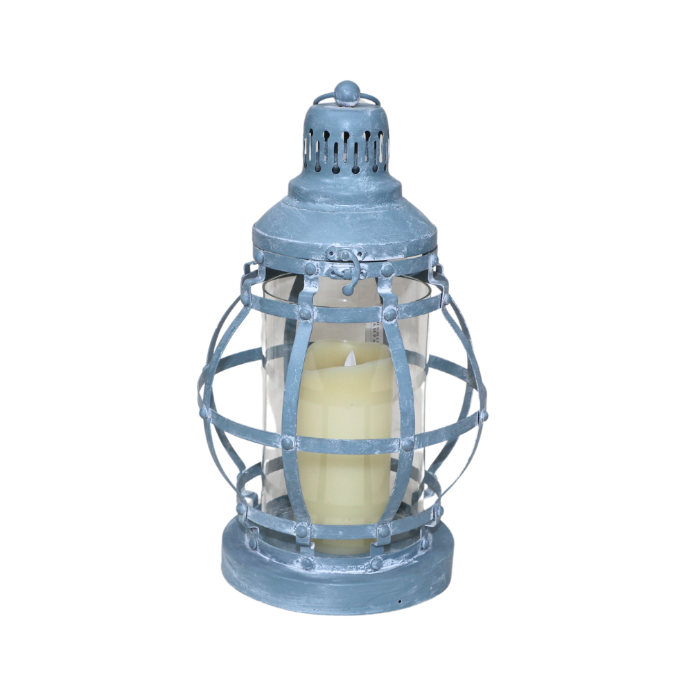 Lanterne extérieure jardin à poser bougie industrielle métal gris 40cm