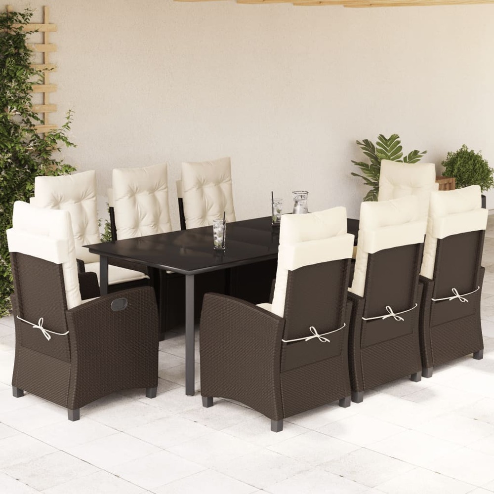 Ensemble à manger de jardin et coussins 9 pcs marron poly rotin