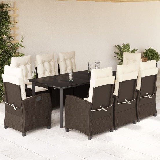 Ensemble à manger de jardin et coussins 9 pcs marron poly rotin