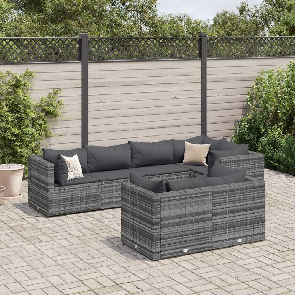 Salon de jardin 7 pcs avec coussins gris résine tressée