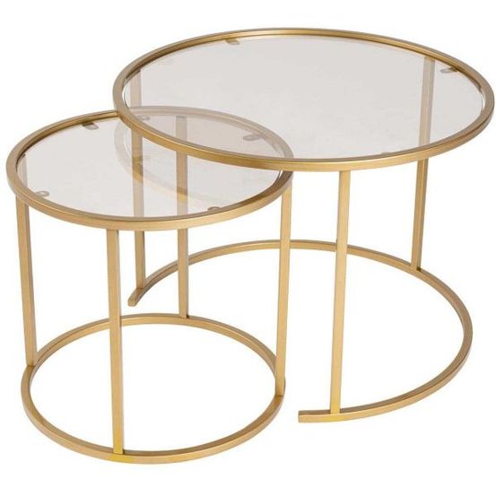 Ensemble de 2 tables gigognes rondes en métal et verre aurum doré avec verre bro