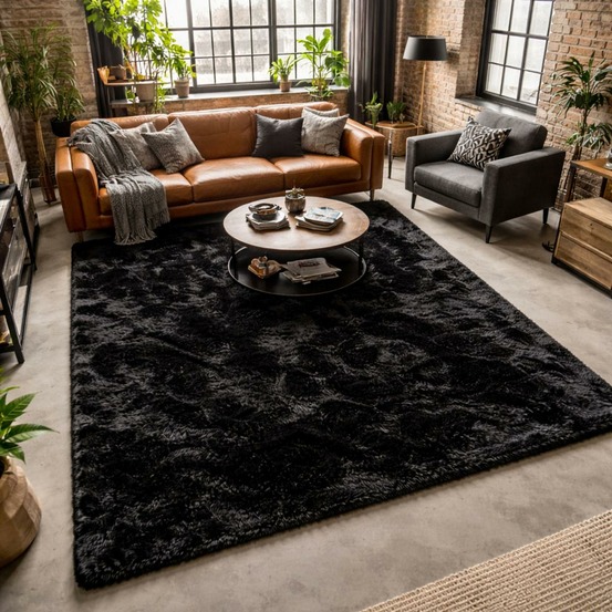 Tapis shaggy 80x140 rectangle fait main noir motif uni sg fin