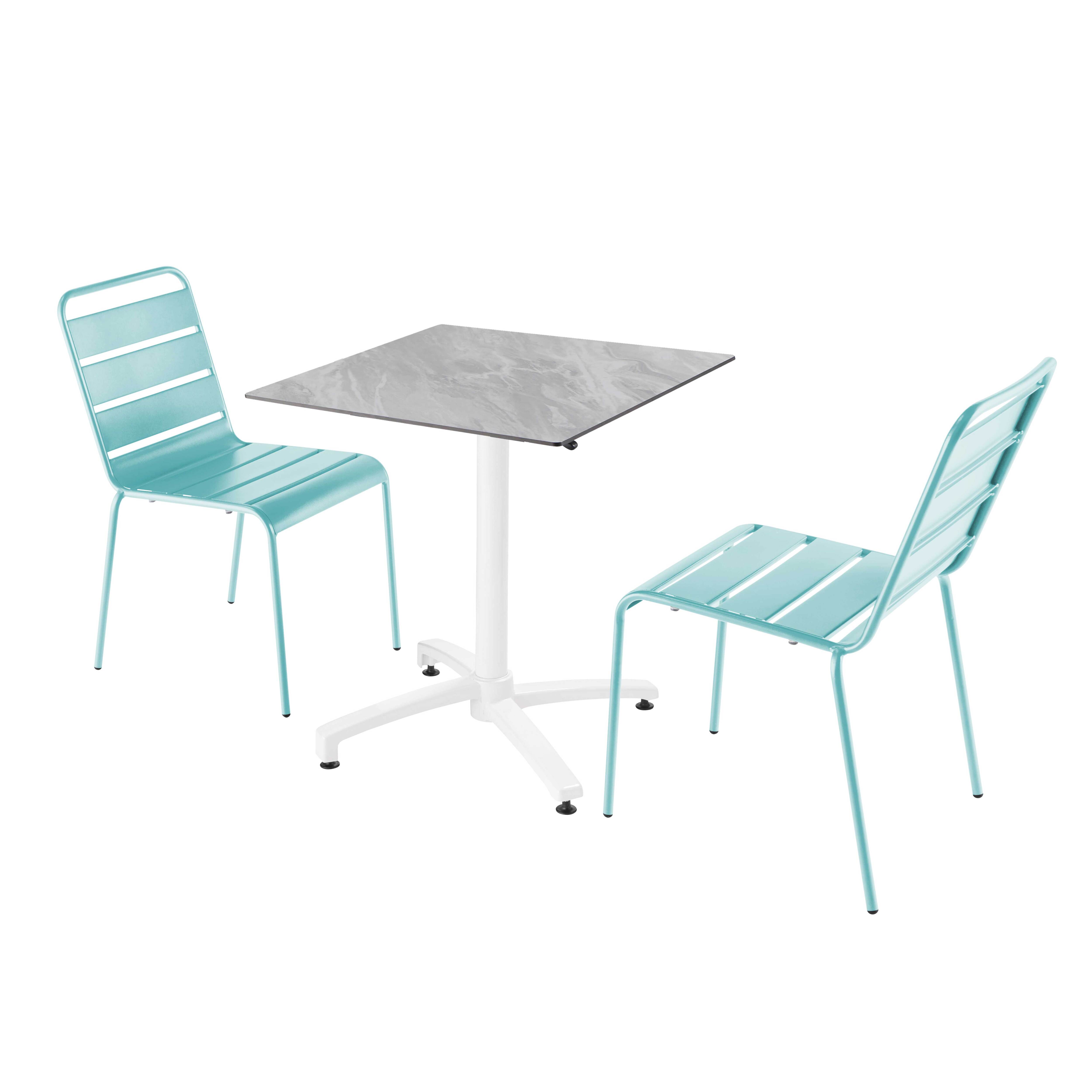 Ensemble table de terrasse stratifié marbre et 2 chaises turquoise