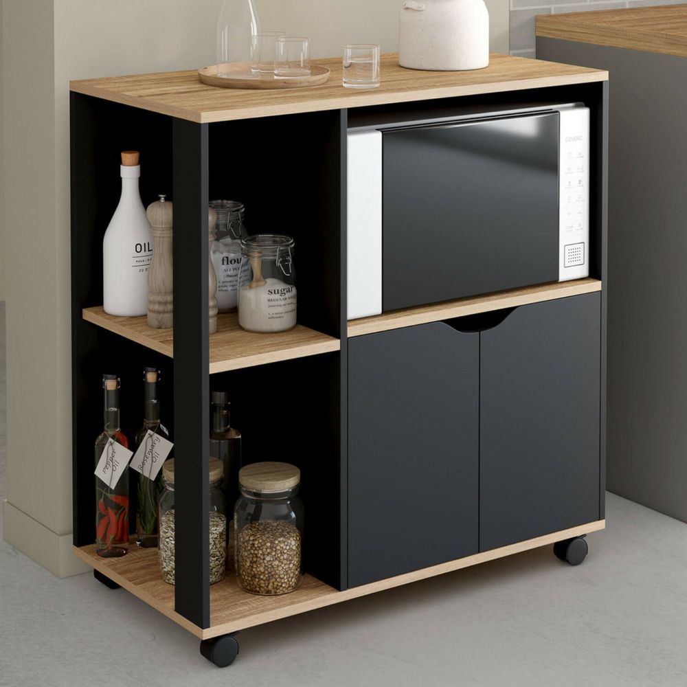Desserte de cuisine cosi bois noir et plateaux façon hêtre l.76 cm