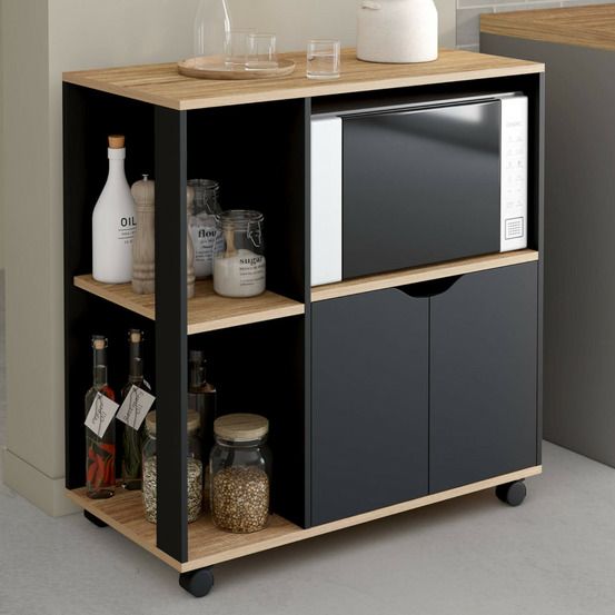 Desserte de cuisine cosi bois noir et plateaux façon hêtre l.76 cm