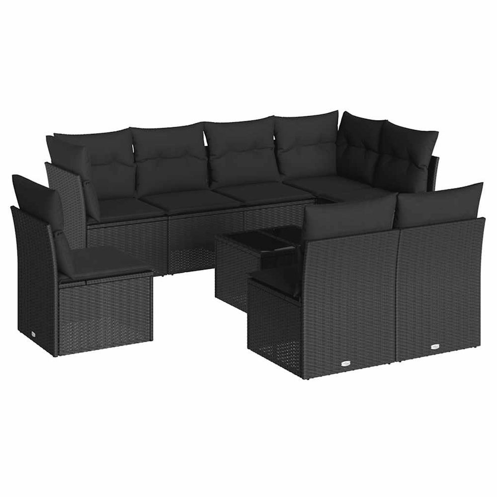 Salon de jardin 9 pcs avec coussins noir résine tressée
