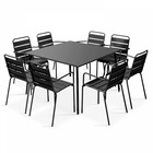 Ensemble table de jardin carrée et 8 fauteuils en métal gris