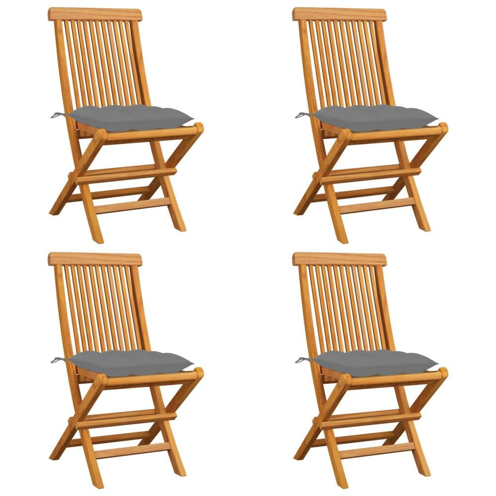 Chaises pliantes avec coussins gris, 4 pièces, en teck massif