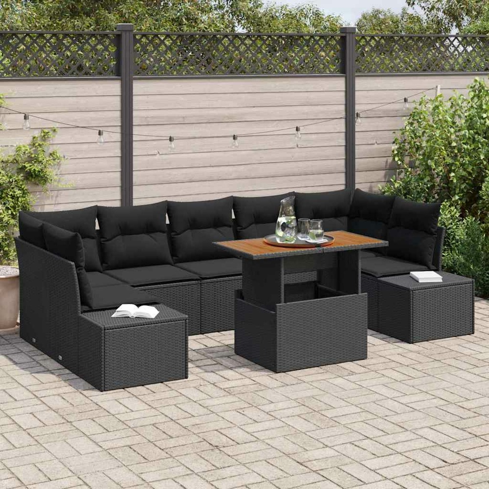 Ensemble de canapé de jardin 8 pcs noir poly rotin