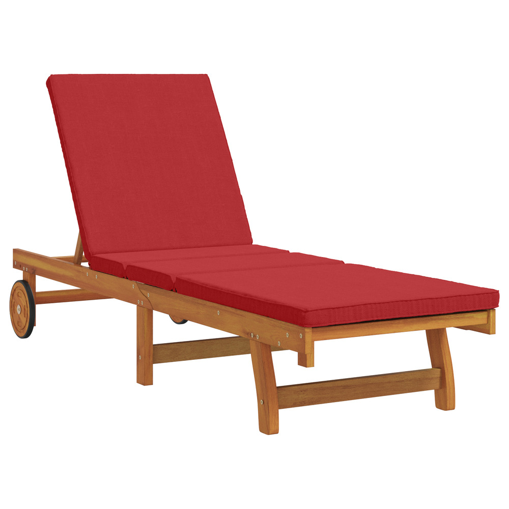 Chaise longue avec des roulettes et un coussin rouge en bois massif