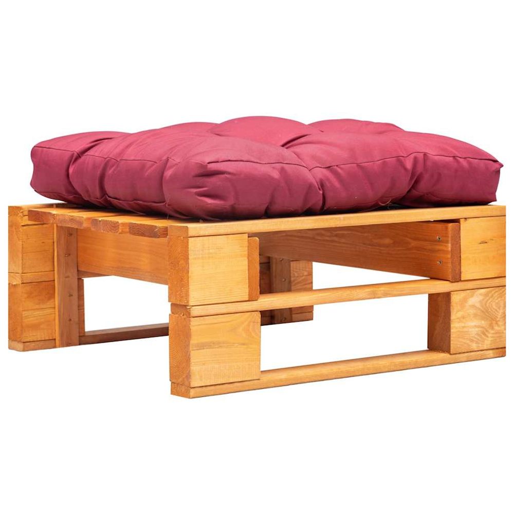 Repose-pied palette de jardin et coussin rouge marron miel bois