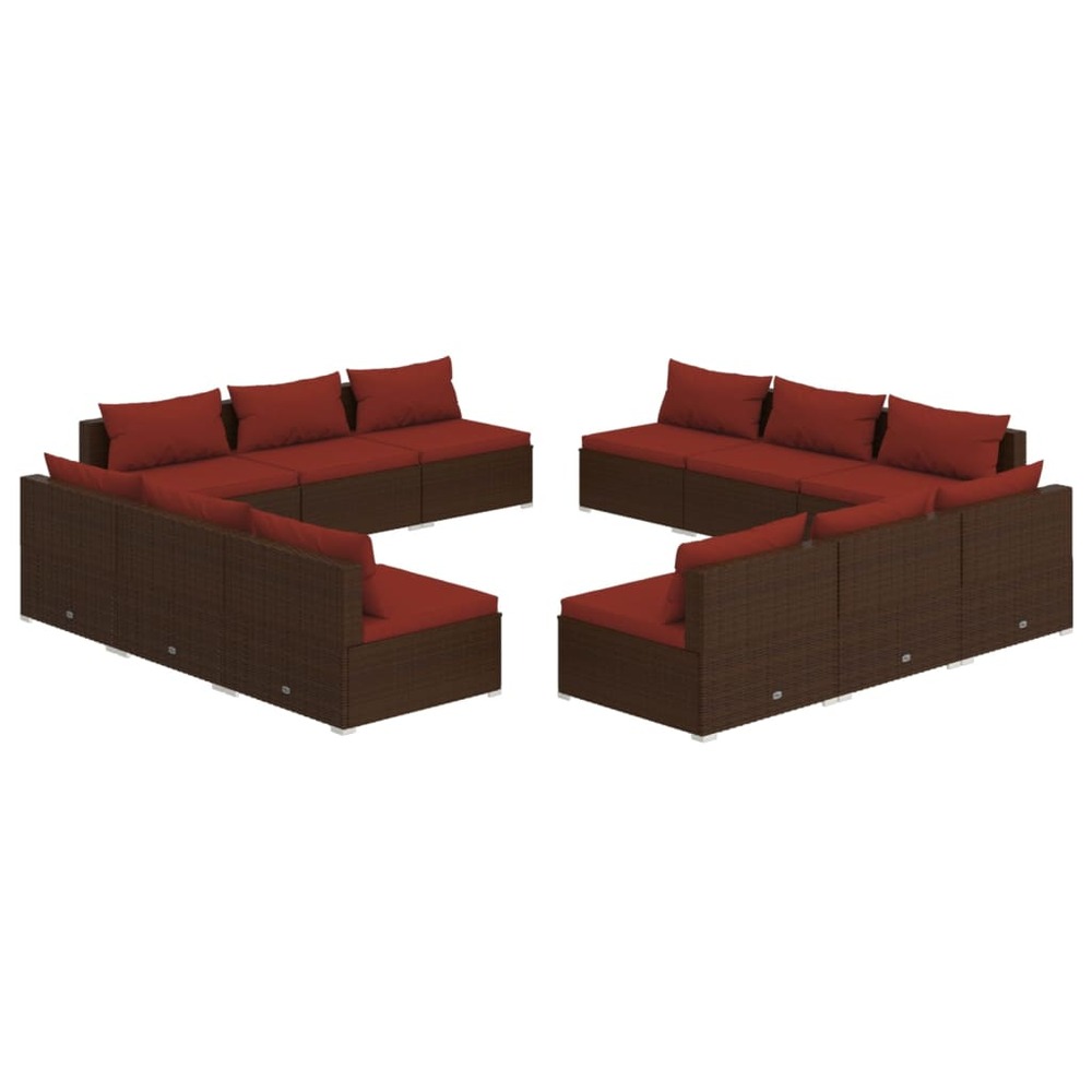 Salon de jardin 12 pcs avec coussins résine tressée marron