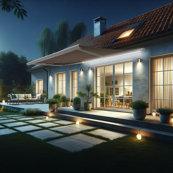 Store banne coffre intégral hevoa 4,05x3,50 m (motorisé secours à télécommande + led - blanc satiné ral9010 - taupe)