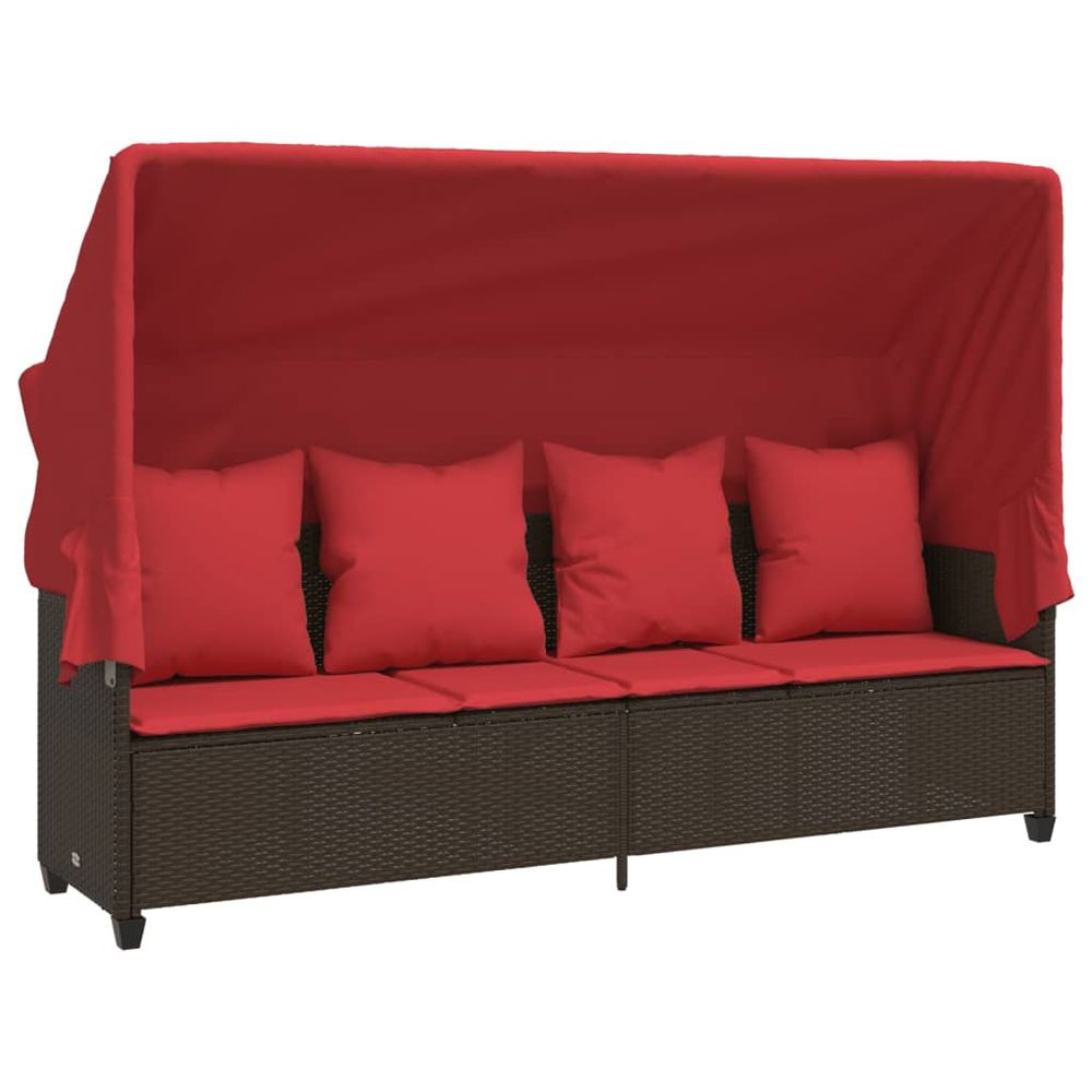 Chaise longue avec auvent et coussins marron résine tressée