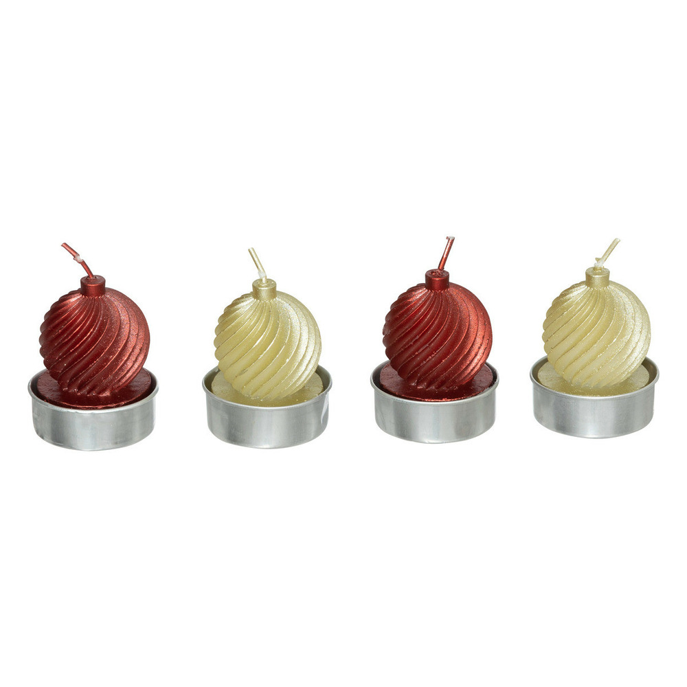 Lot de 4 bougies déco boule de noël rouge et champagne pailletée