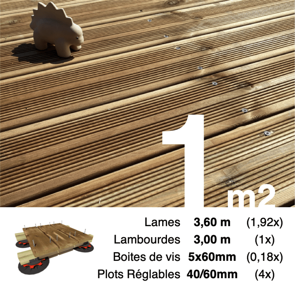 Kit complet terrasse pin autoclave marron pour 1 m², lames 3,6 m, lambourdes 3 m, plots réglables et visserie inox.