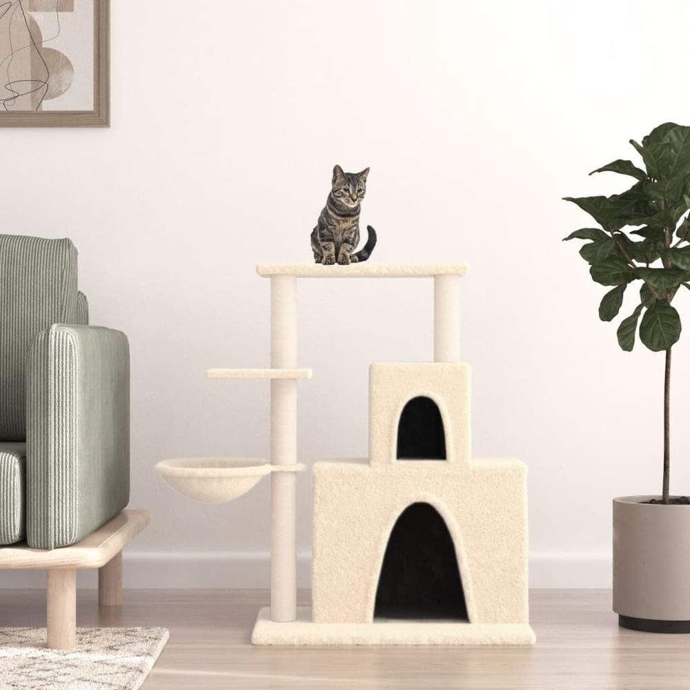 Arbre à chat compact avec 2 niches et panier griffoirs en sisal 83 cm crème